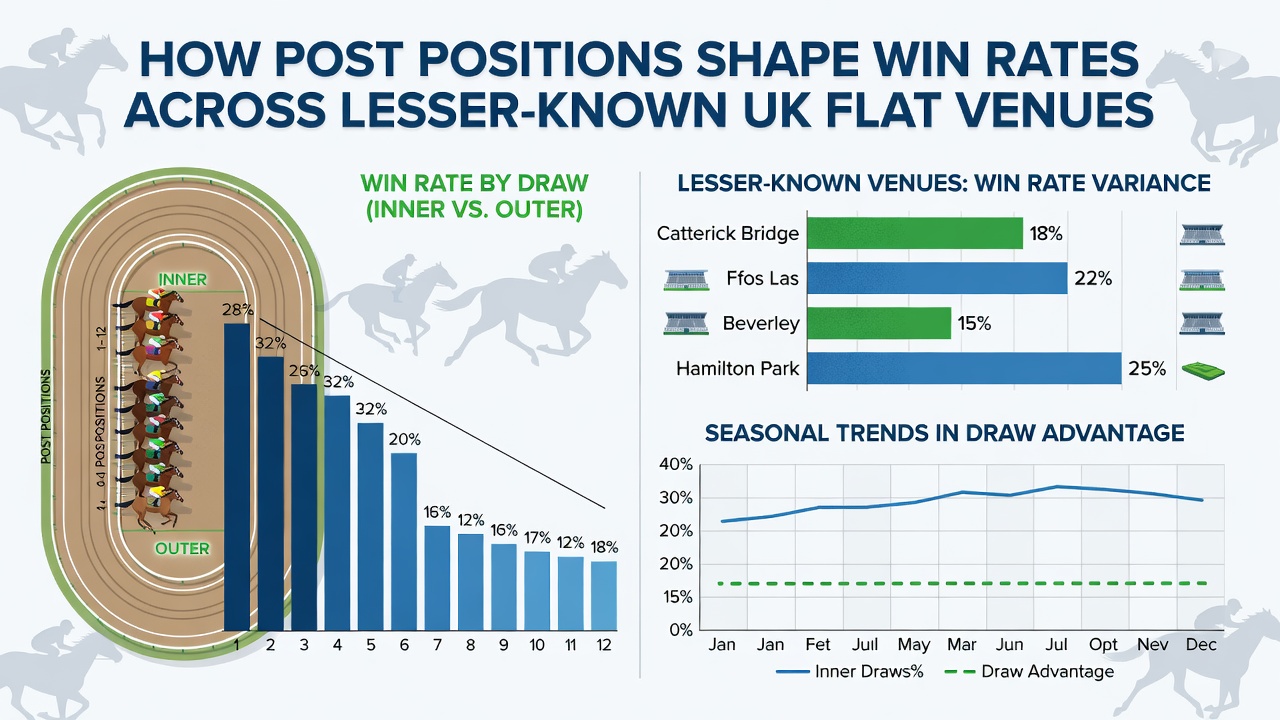 Jockeys and horses navigating a bend at a regional UK flat track illustrating post position advantages