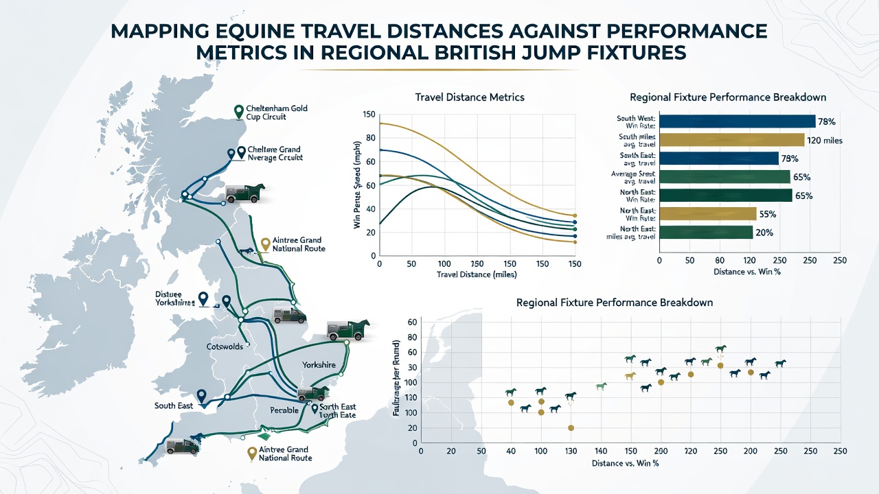 Graph comparing travel distance categories against win percentage and average speed in British regional jump races