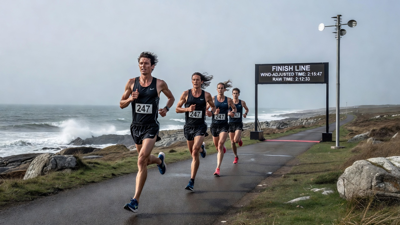Jockeys navigating windy conditions on a coastal track bend